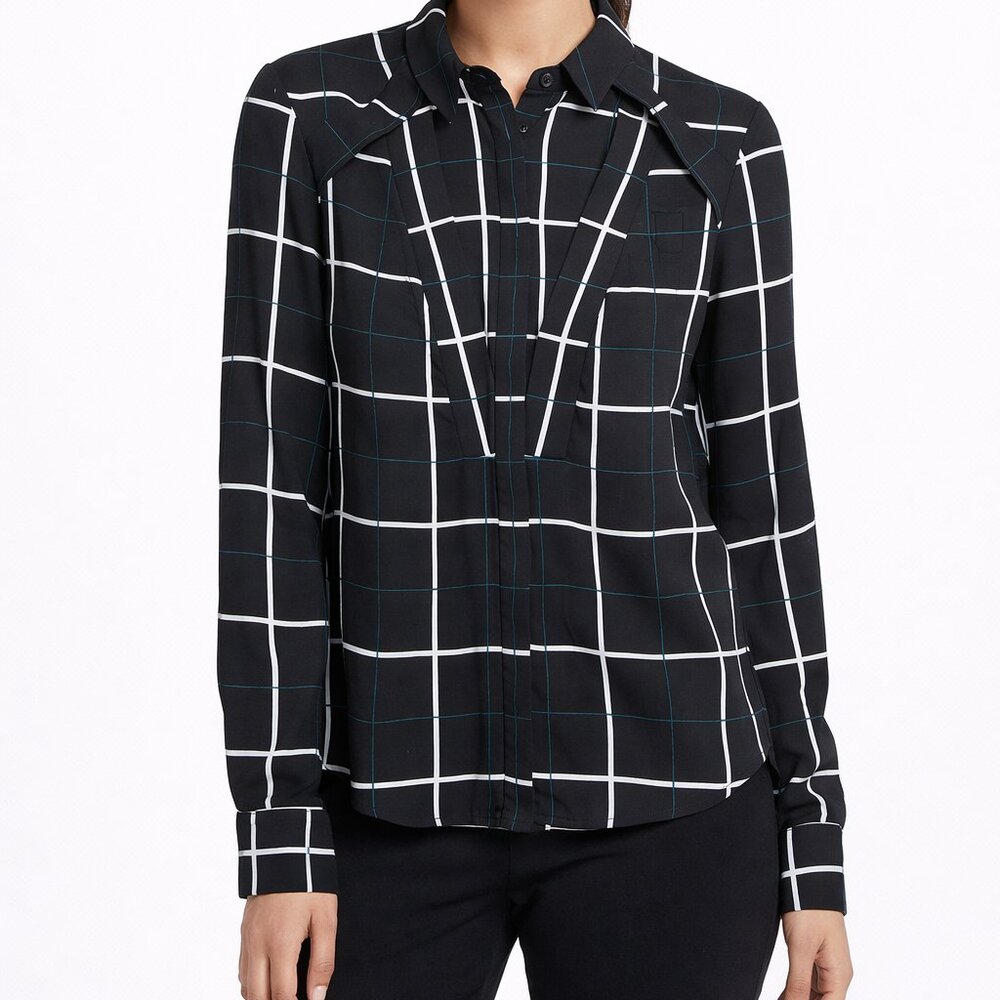 Cue | Black White Green Lattice Button Up Office Shirt Blouse